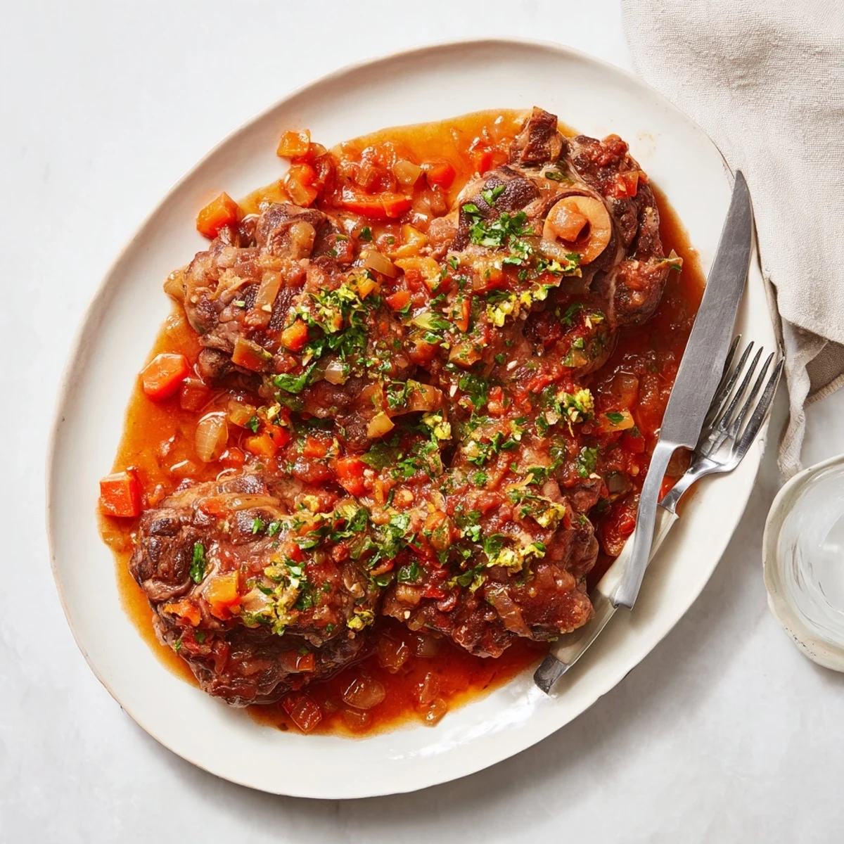 Tender Italian braised veal shanks served over creamy risotto with lemon parsley gremolata garnish