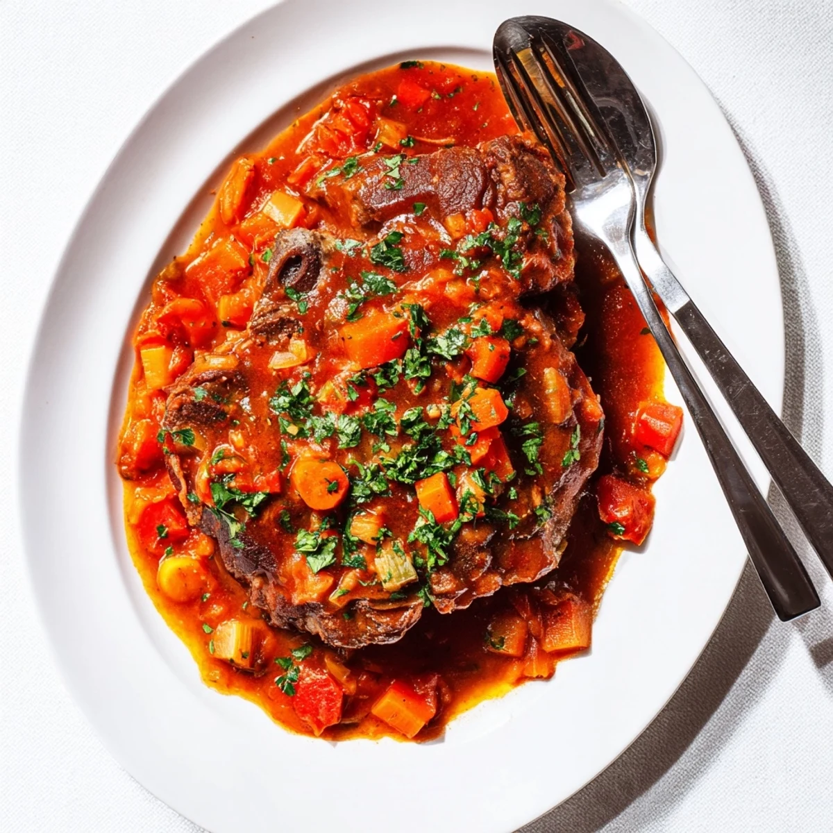 Fork-tender Osso Buco à la Ina Garten nestled in aromatic vegetables and deep red wine sauce