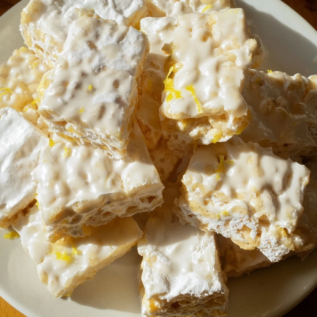 Golden lemonade puppy chow snack dusted with powdered sugar on a white serving platter