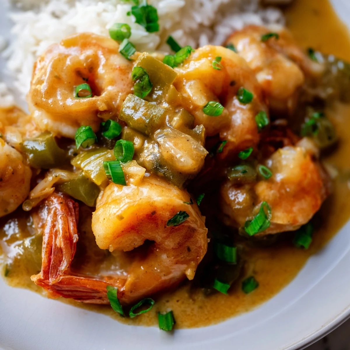Classic shrimp étouffée featuring plump shrimp nestled in a rich, golden roux sauce over steaming white rice