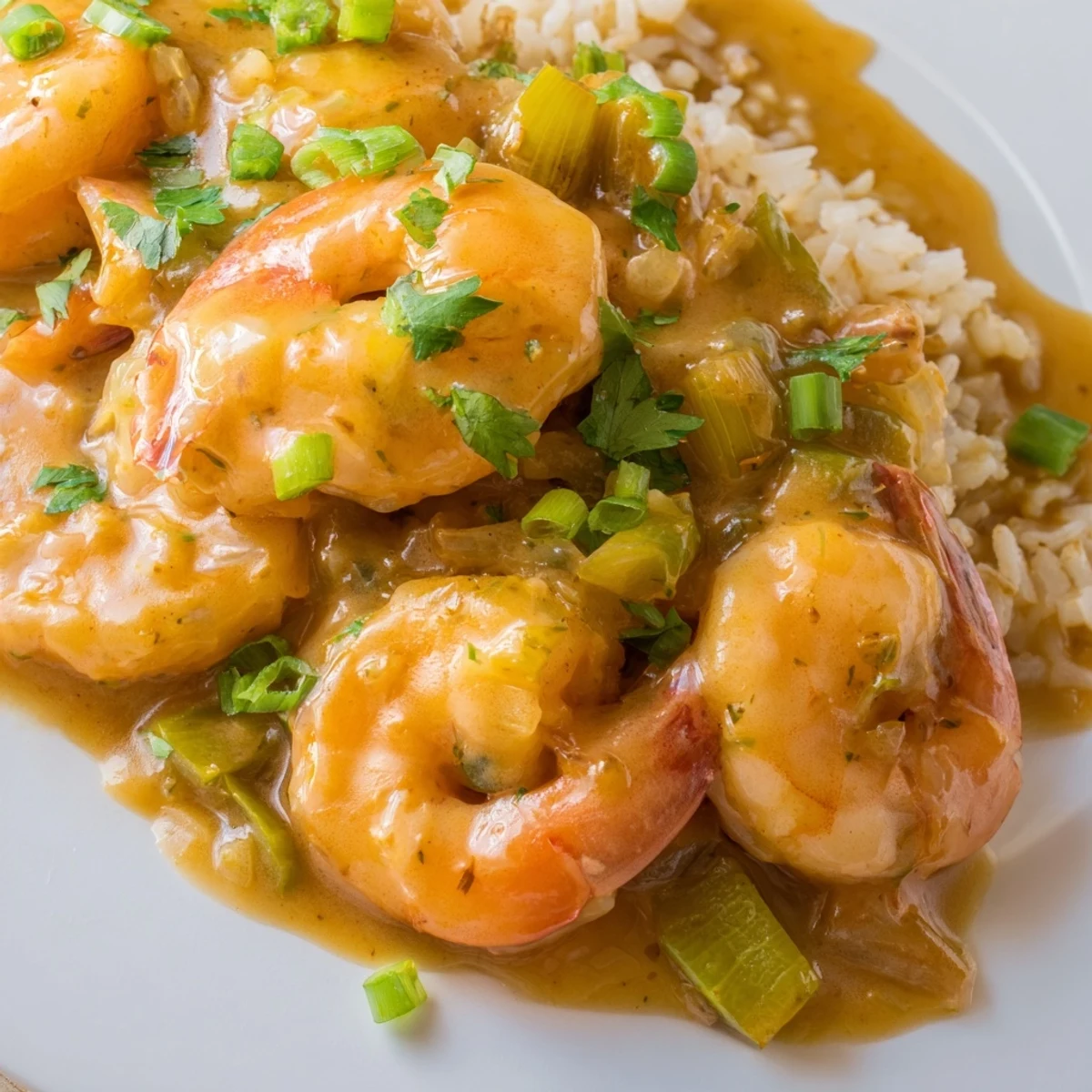 Savory Louisiana shrimp étouffée topped with fresh green onions and parsley, served in a shallow white bowl
