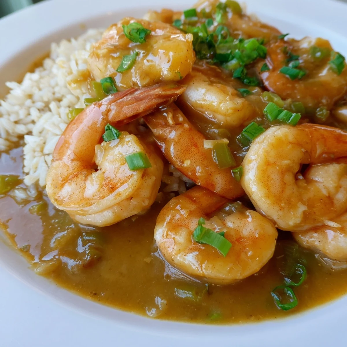 Hearty shrimp étouffée showcasing succulent seafood in a spicy Creole tomato sauce beside fluffy rice and lemon wedges