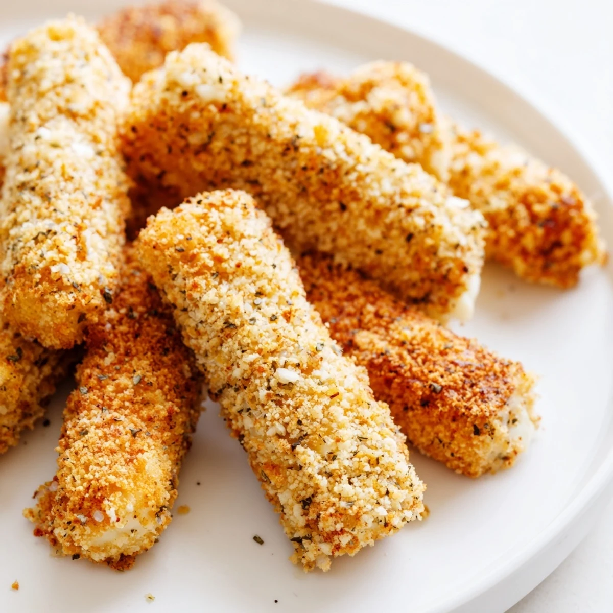 Golden crispy baked mozzarella sticks with melty cheese centers served on white plate