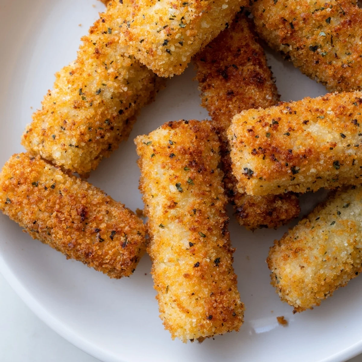 Oven-baked mozzarella sticks feature crunchy seasoned breadcrumb coating with gooey interior