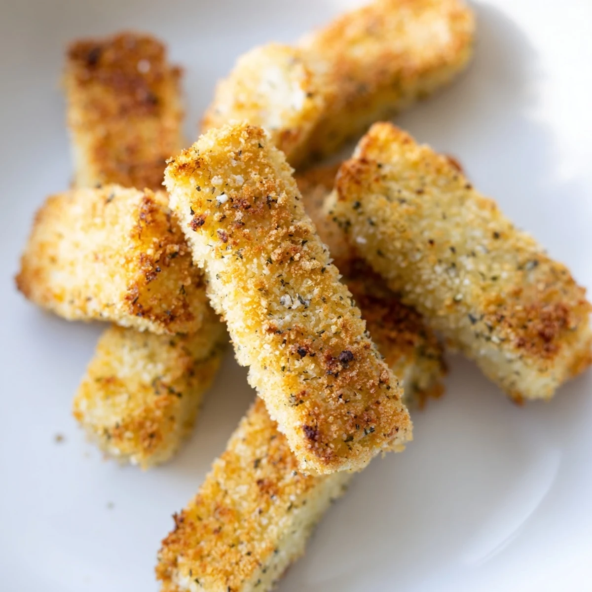 Plate of baked mozzarella sticks displaying golden brown crust and stretchy melted cheese