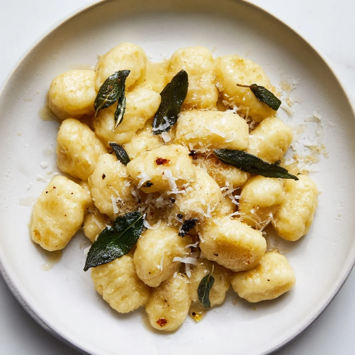 Golden brown butter sage gnocchi topped with crispy fried sage leaves and grated Parmesan cheese