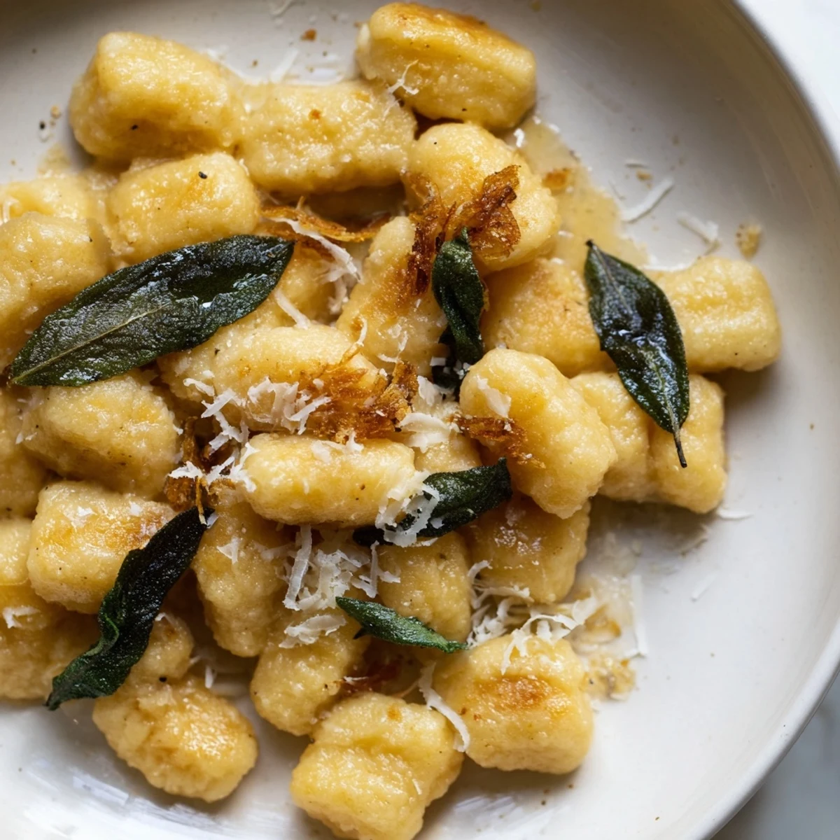 Pillowy potato gnocchi coated in nutty brown butter sauce with aromatic crisp sage garnish