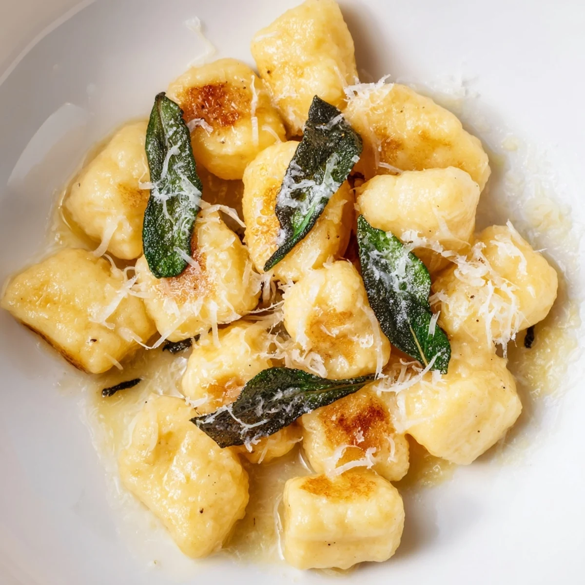 Italian brown butter sage gnocchi plated with melted Parmesan and freshly cracked black pepper