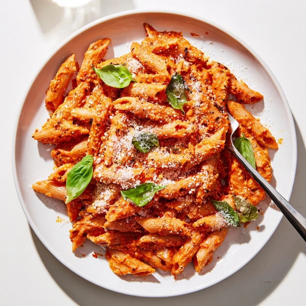 Creamy tomato garlic pasta tossed in a rich velvety red sauce with fresh basil garnish