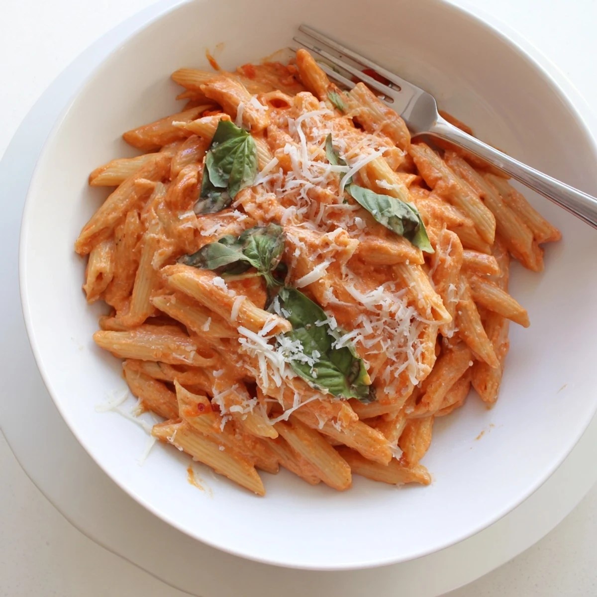 Plate of creamy tomato garlic pasta topped with grated Parmesan and torn green basil leaves