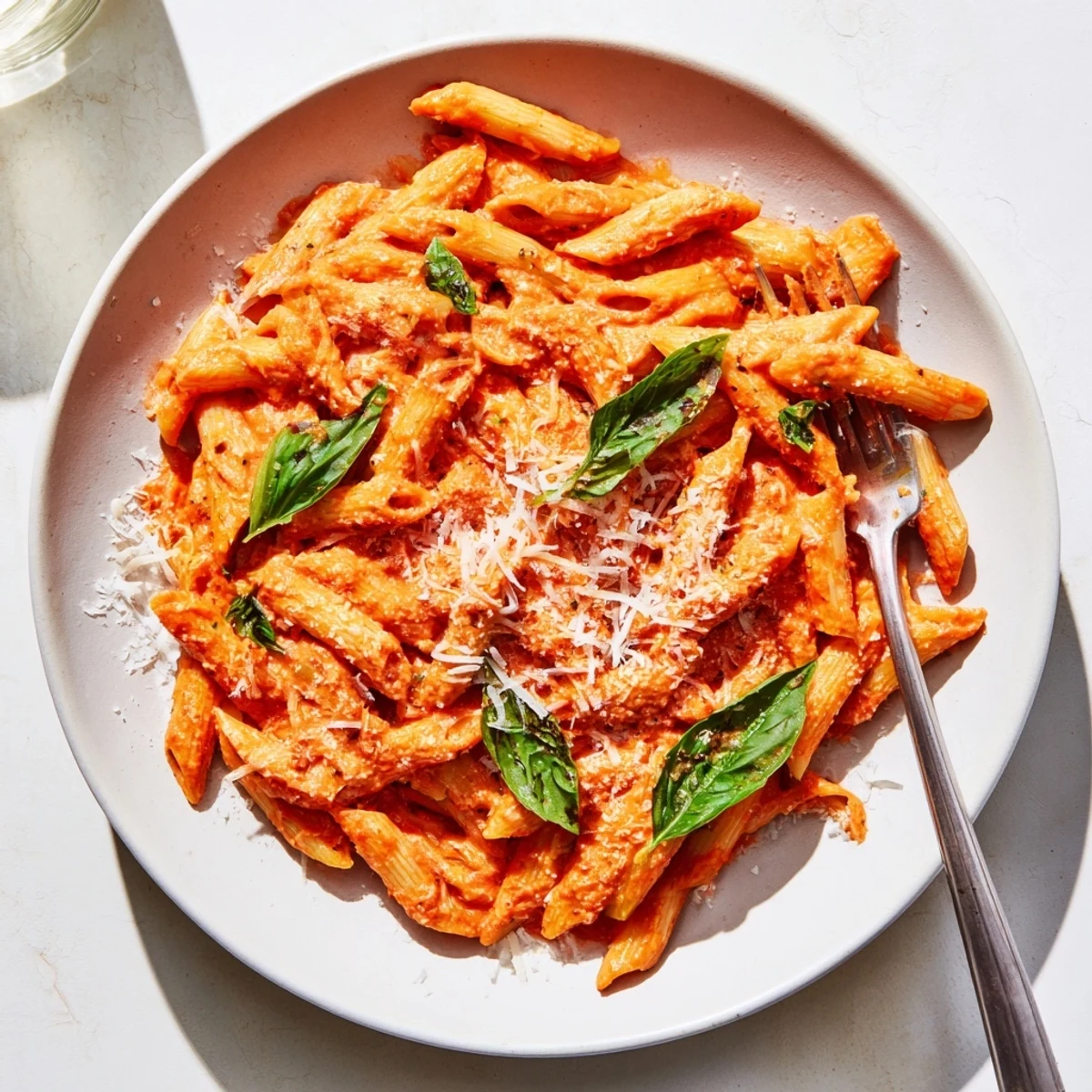 Steaming bowl of creamy tomato garlic pasta coated in smooth white cream tomato sauce