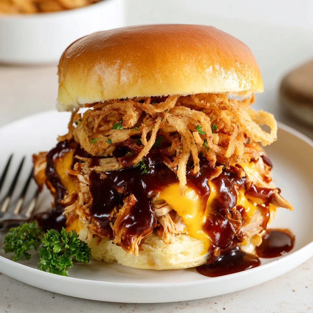 Golden brown Mississippi Mud Chicken Sliders topped with melted cheddar cheese and crispy fried onions on buttery toasted buns