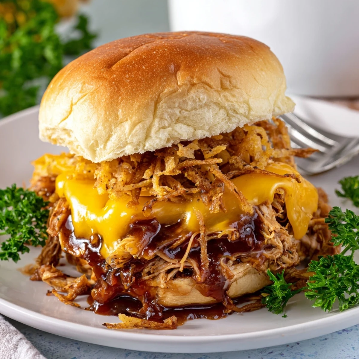 Baked Mississippi Mud Chicken Sliders with shredded chicken in tangy sauce topped with crunchy fried onions and fresh parsley garnish