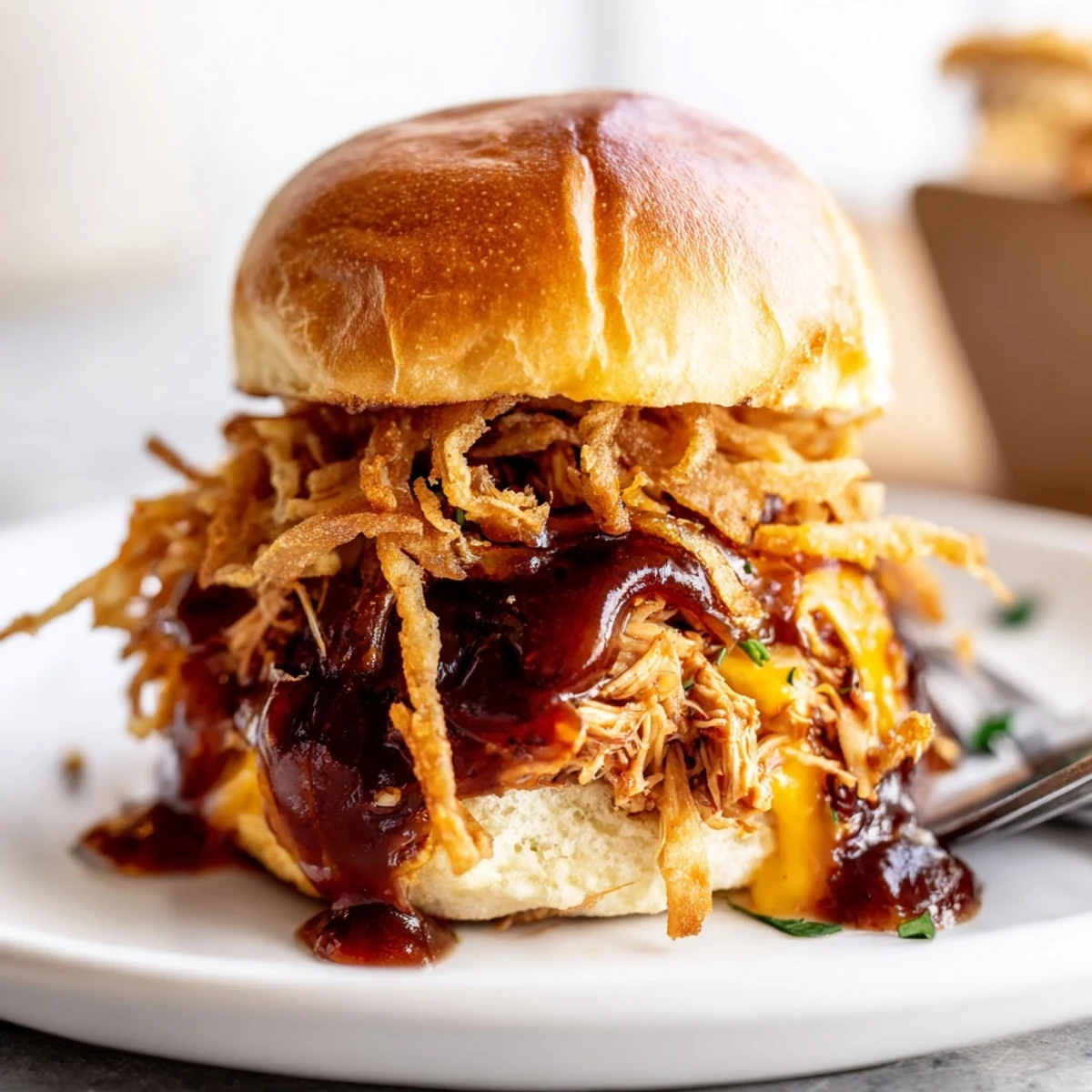 Juicy barbecue chicken sliders piled high on soft buns featuring smoky sauce and generous cheese topping for game day crowds