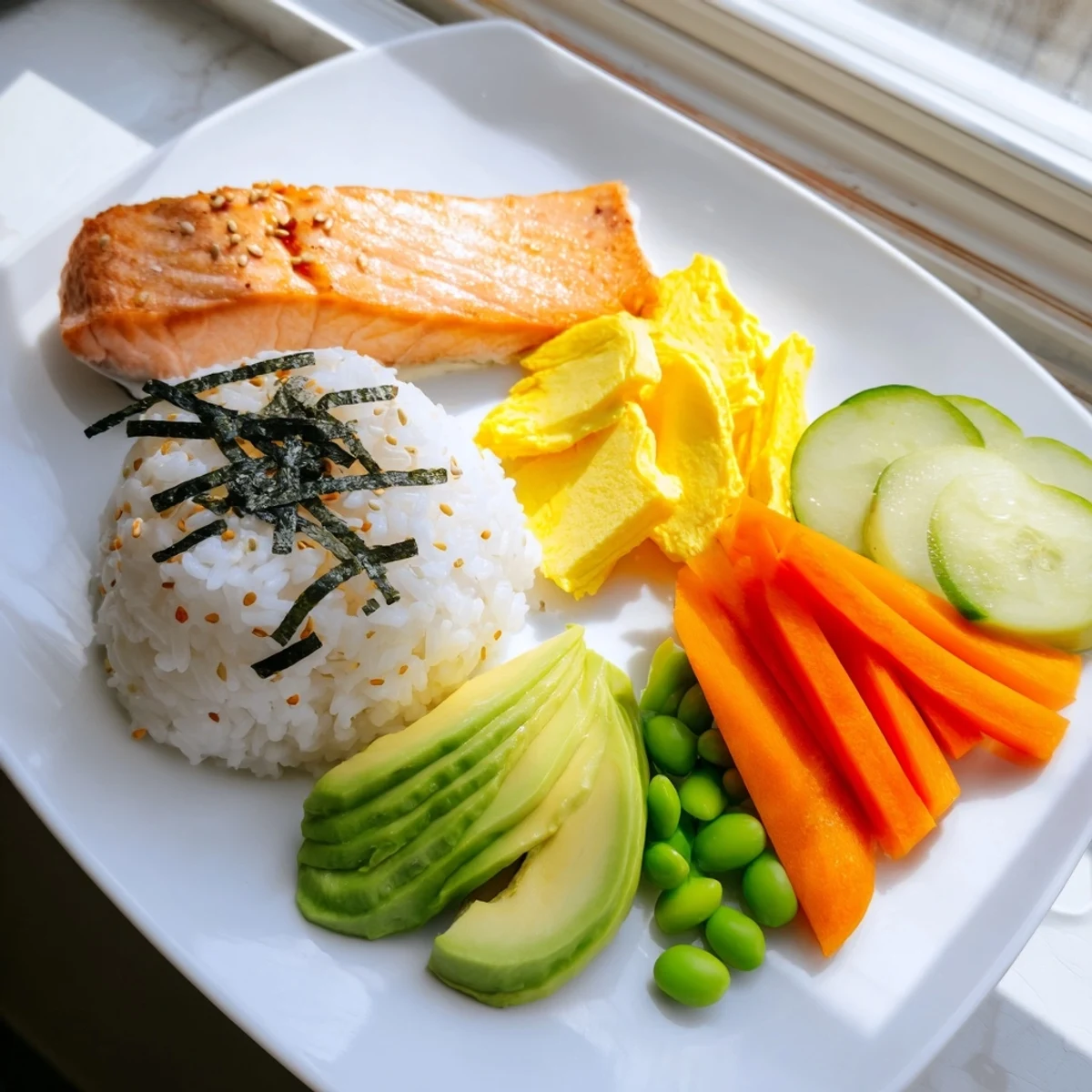 Healthy Japanese breakfast bento box featuring grilled salmon, fluffy steamed rice, and colorful pickled vegetables arranged neatly