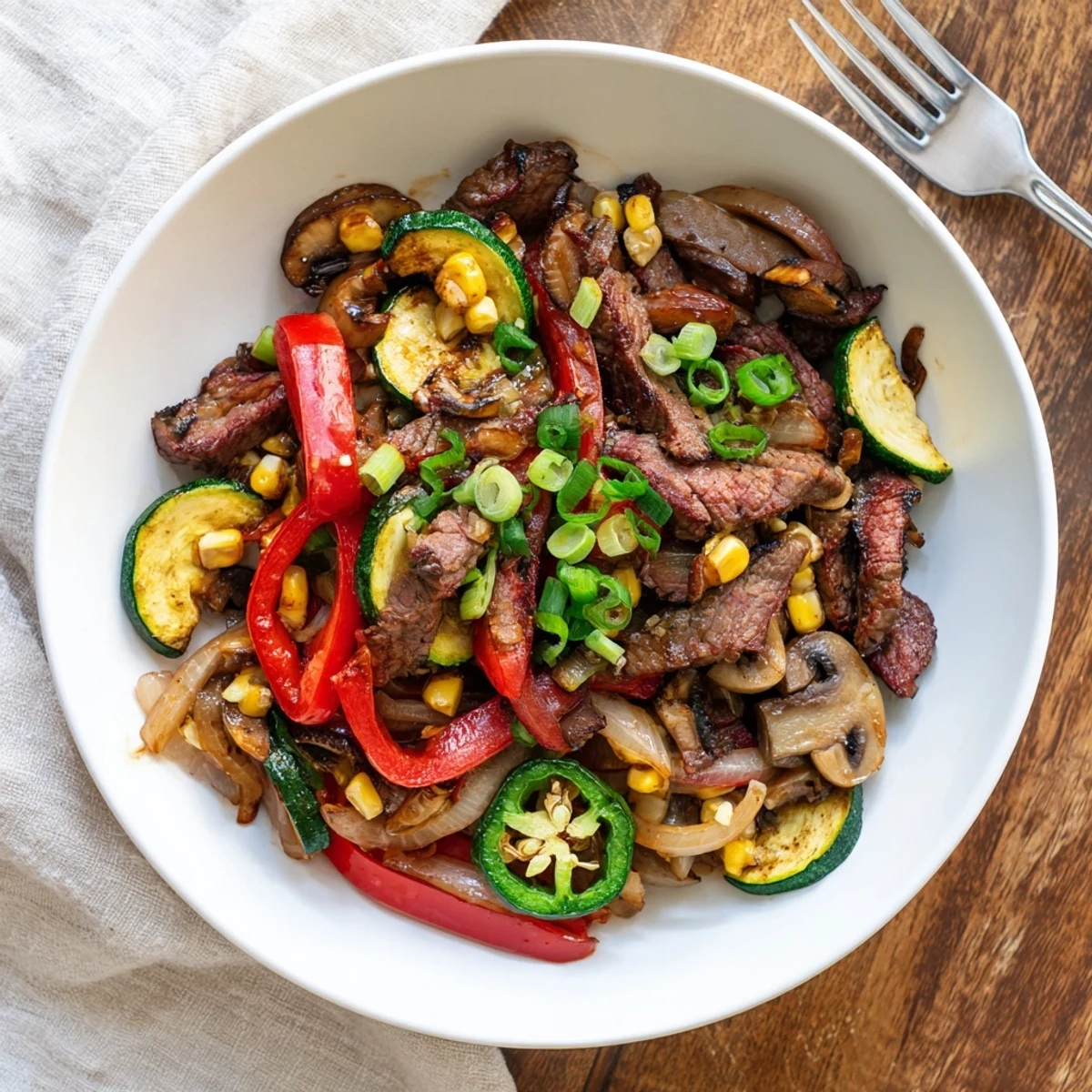 Hearty cowboy stir fry featuring smoky seasoned beef and crisp vegetables in savory butter sauce