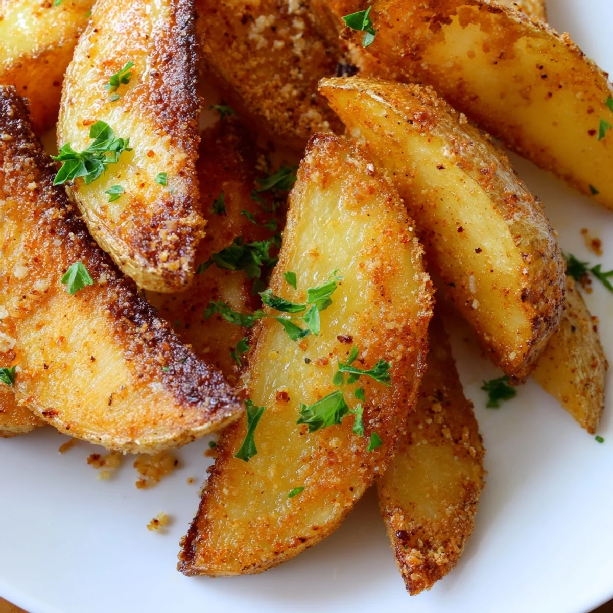 Golden brown air fryer potato wedges seasoned with paprika and garlic powder, arranged in a wire basket
