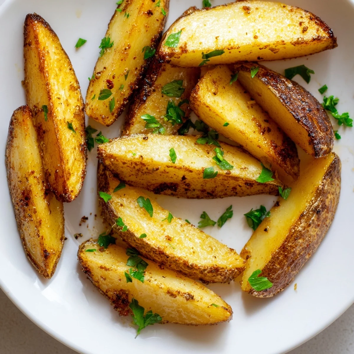 Crispy oven-baked potato wedges served on a white plate with fresh parsley garnish and dipping sauce