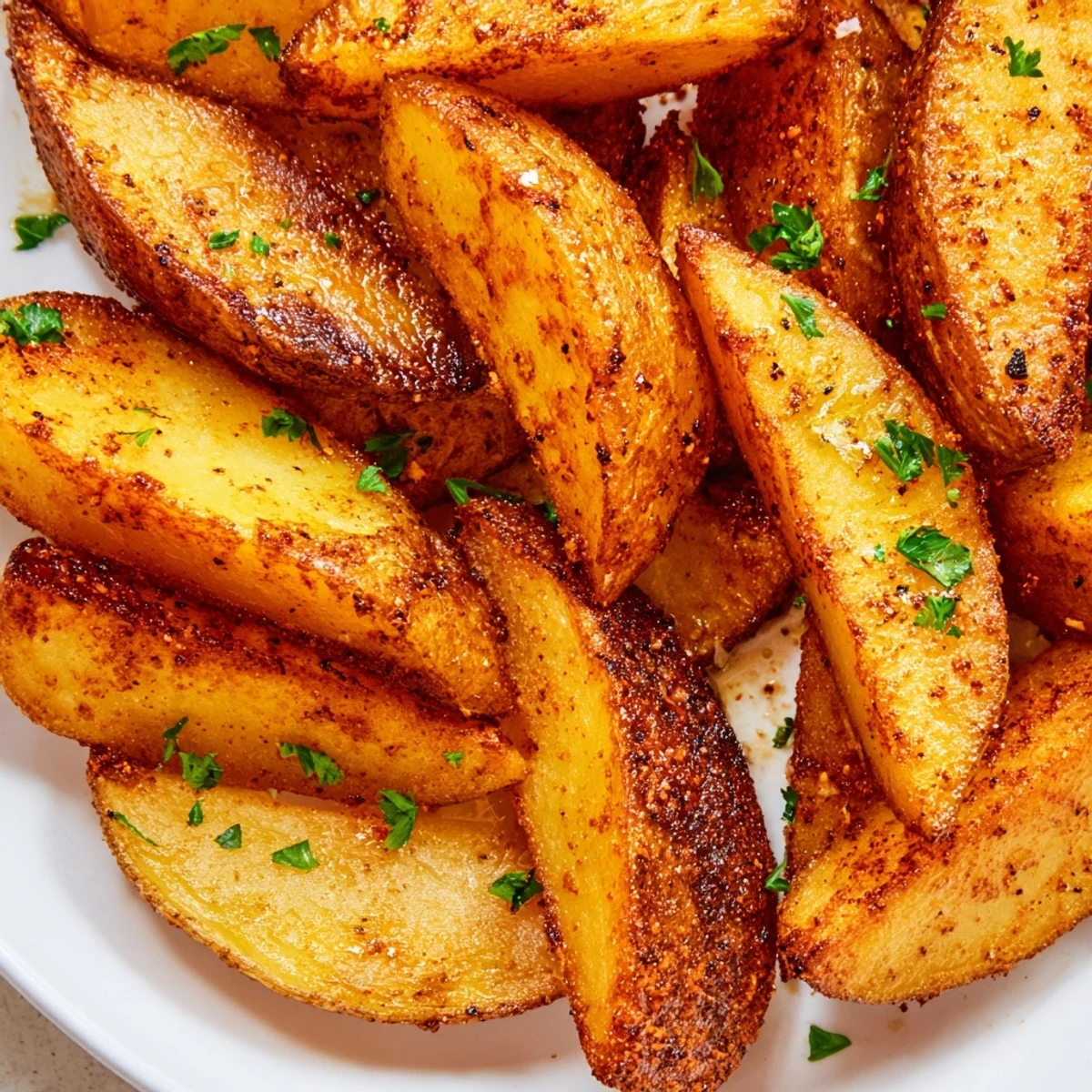 Heap of fluffy potato wedges with perfectly seasoned exteriors, served alongside small ramekin of ketchup