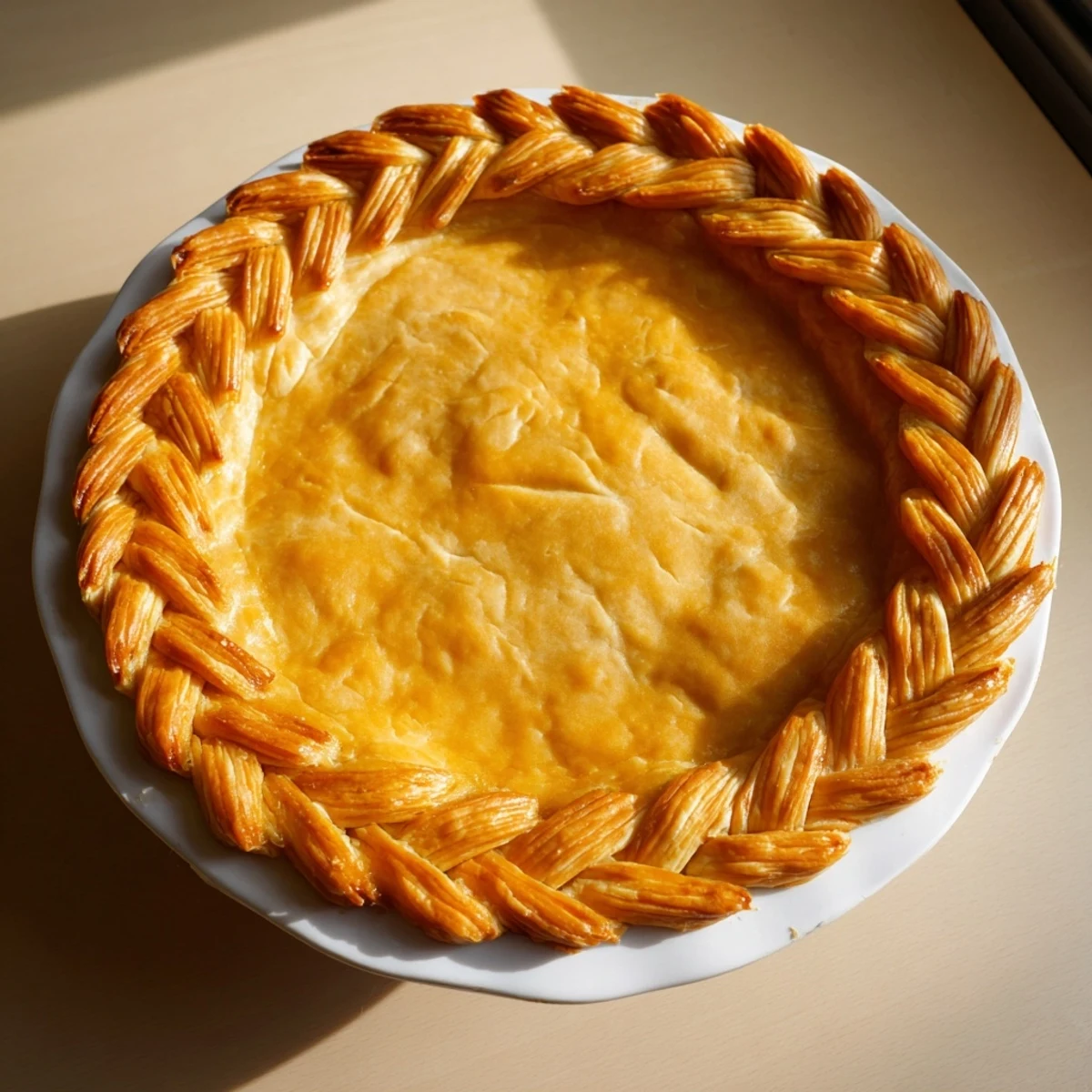 Flaky pastry crust showcasing an elegant woven fishtail braid border around a filled nine-inch pie