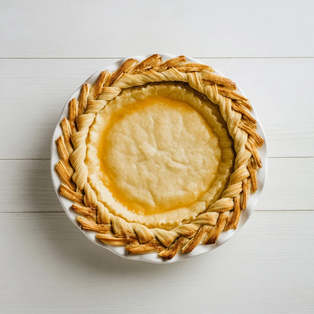 Intricately braided pie edge featuring a four-strand fishtail design glazed to golden brown perfection