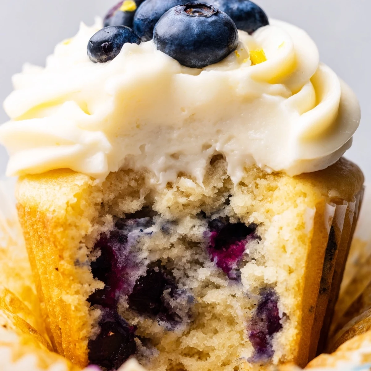 Light fluffy lemon blueberry cupcakes bursting with juicy fruit beneath creamy lemon frosting on a white plate