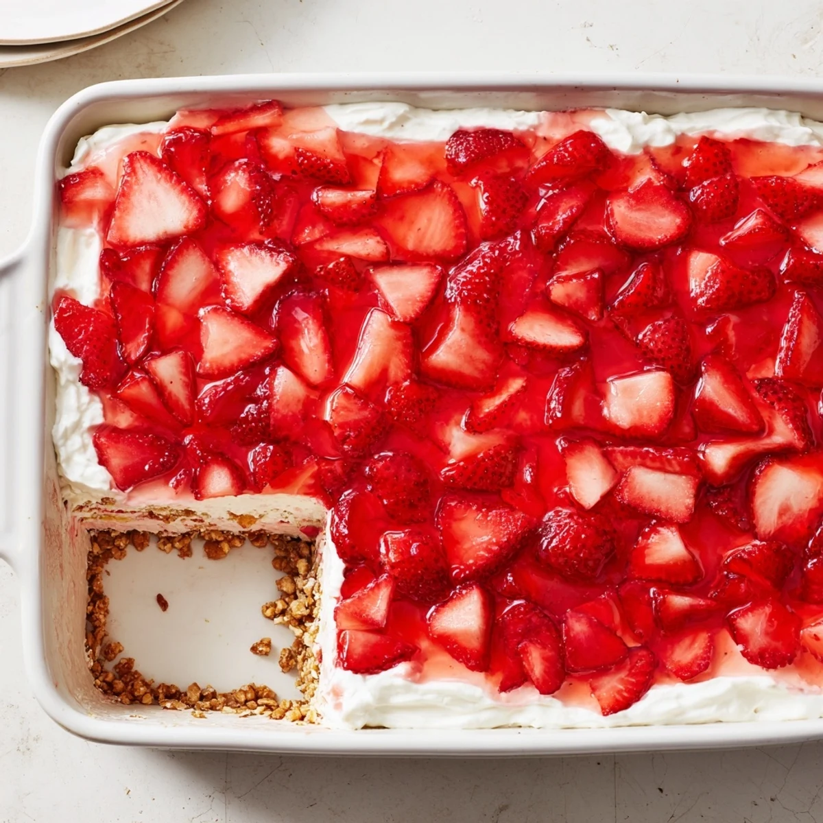 Golden pretzel crust topped with creamy white layer and vibrant red strawberry gelatin in a rectangular serving dish