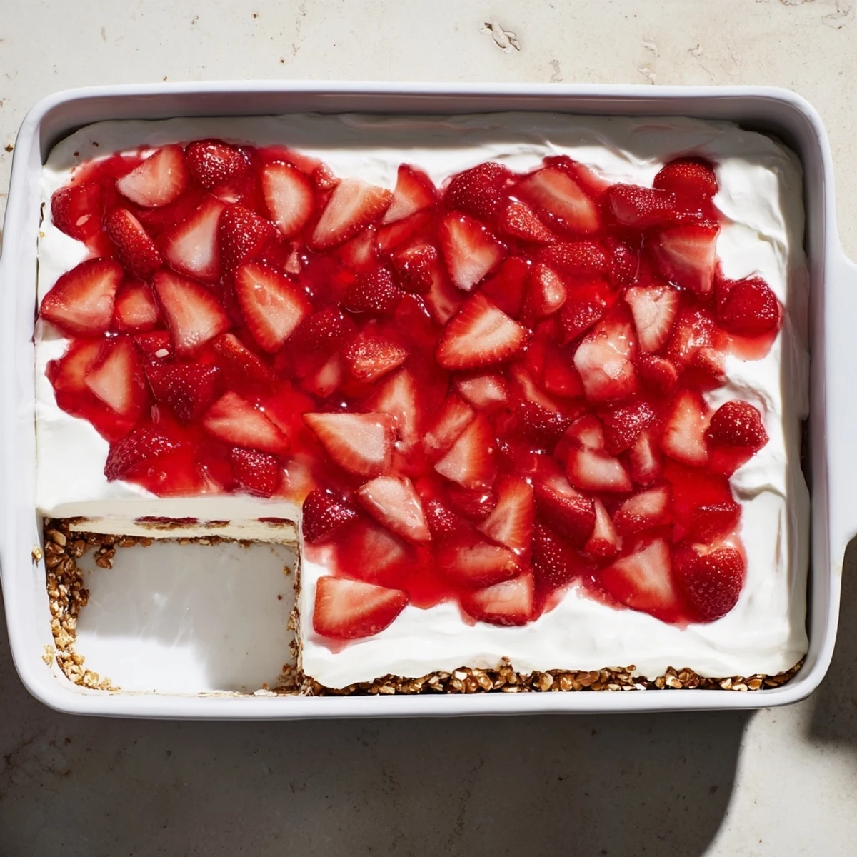 Sliced fresh strawberries floating in ruby red Jell-O over smooth cream cheese layer with crunchy pretzel base