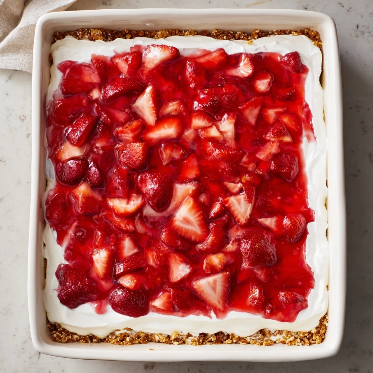 Chilled strawberry crackle salad square showing three distinct layers of salty pretzel crust, creamy filling, and glossy strawberry gelatin