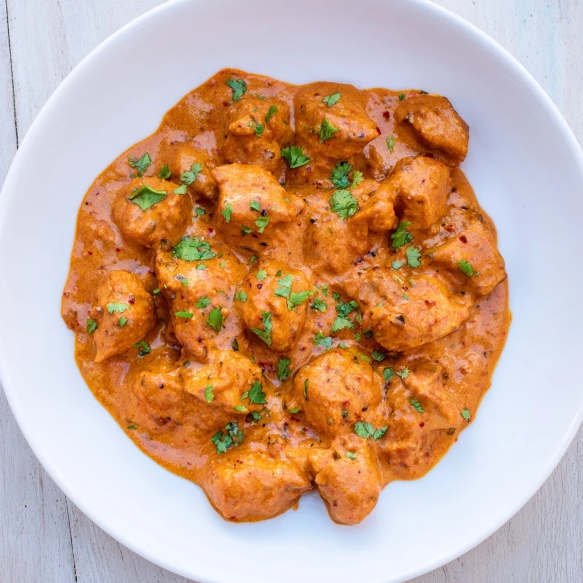 Golden chicken thighs simmered in silky butter chicken sauce with heavy cream and fresh cilantro garnish