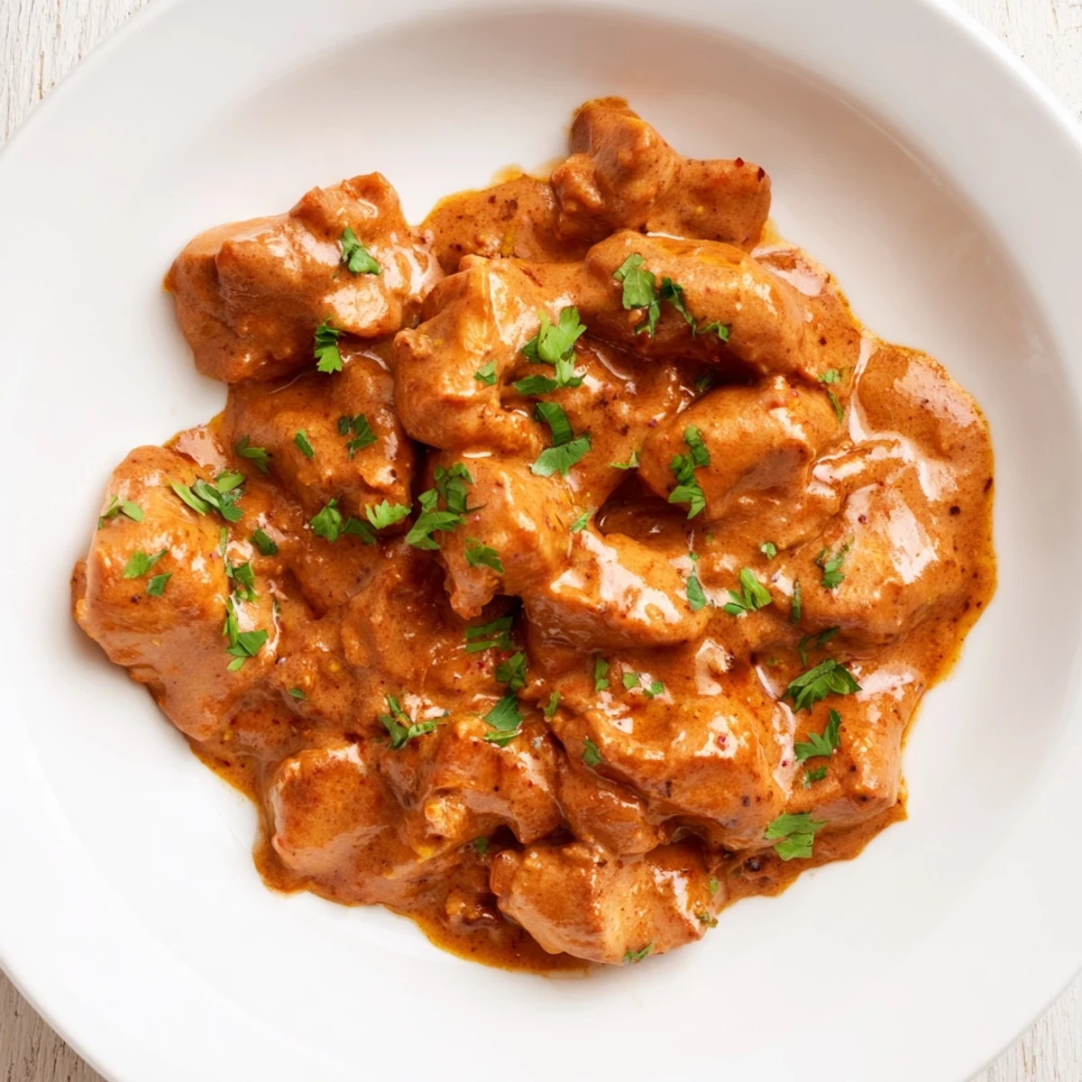 Spoonful of rich Instant Pot Butter Chicken showing velvety tomato cream sauce coating succulent spiced chicken