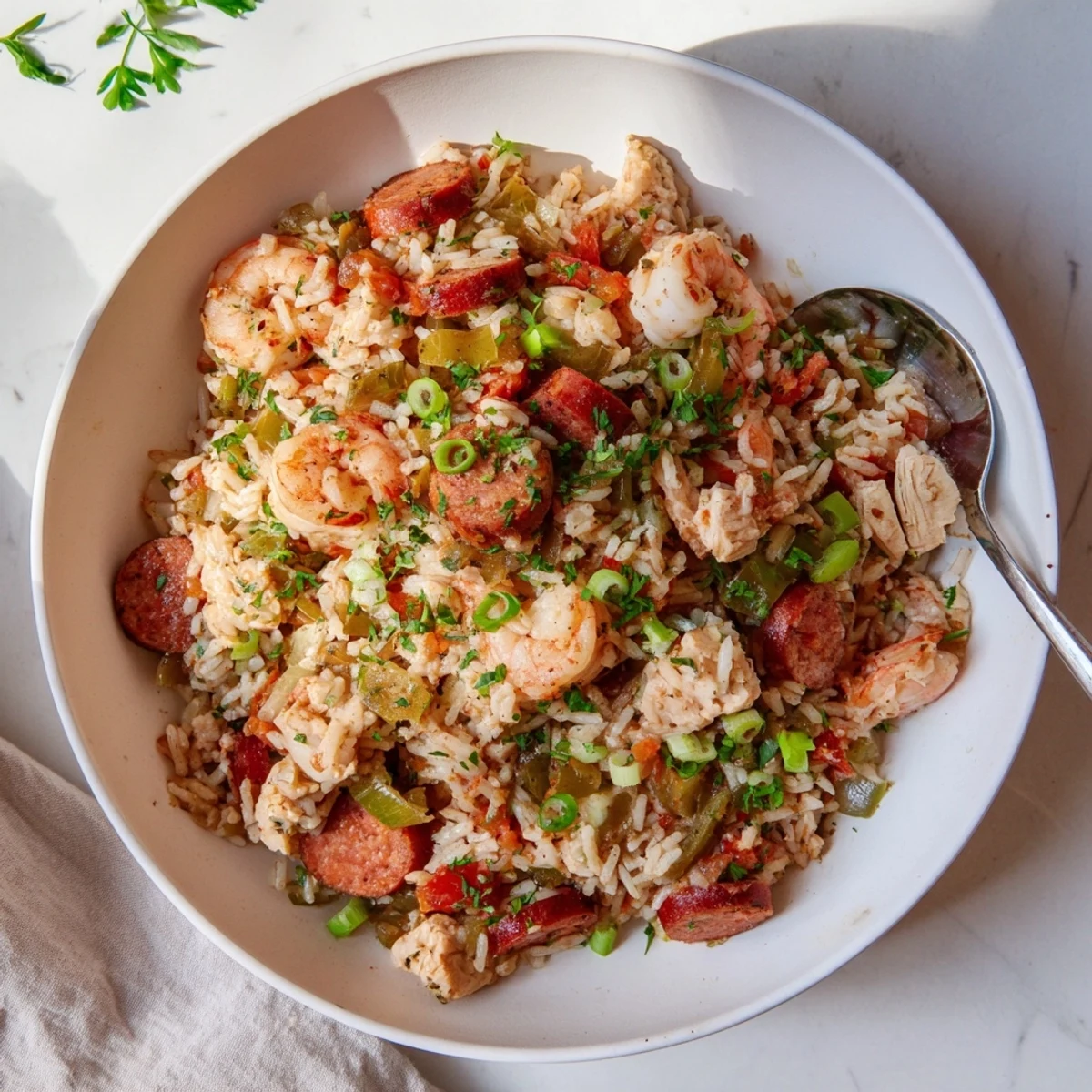 Bowl of hearty Crock Pot Jambalaya loaded with southern Creole flavors including smoked sausage colorful bell peppers and plump pink shrimp over perfectly cooked rice