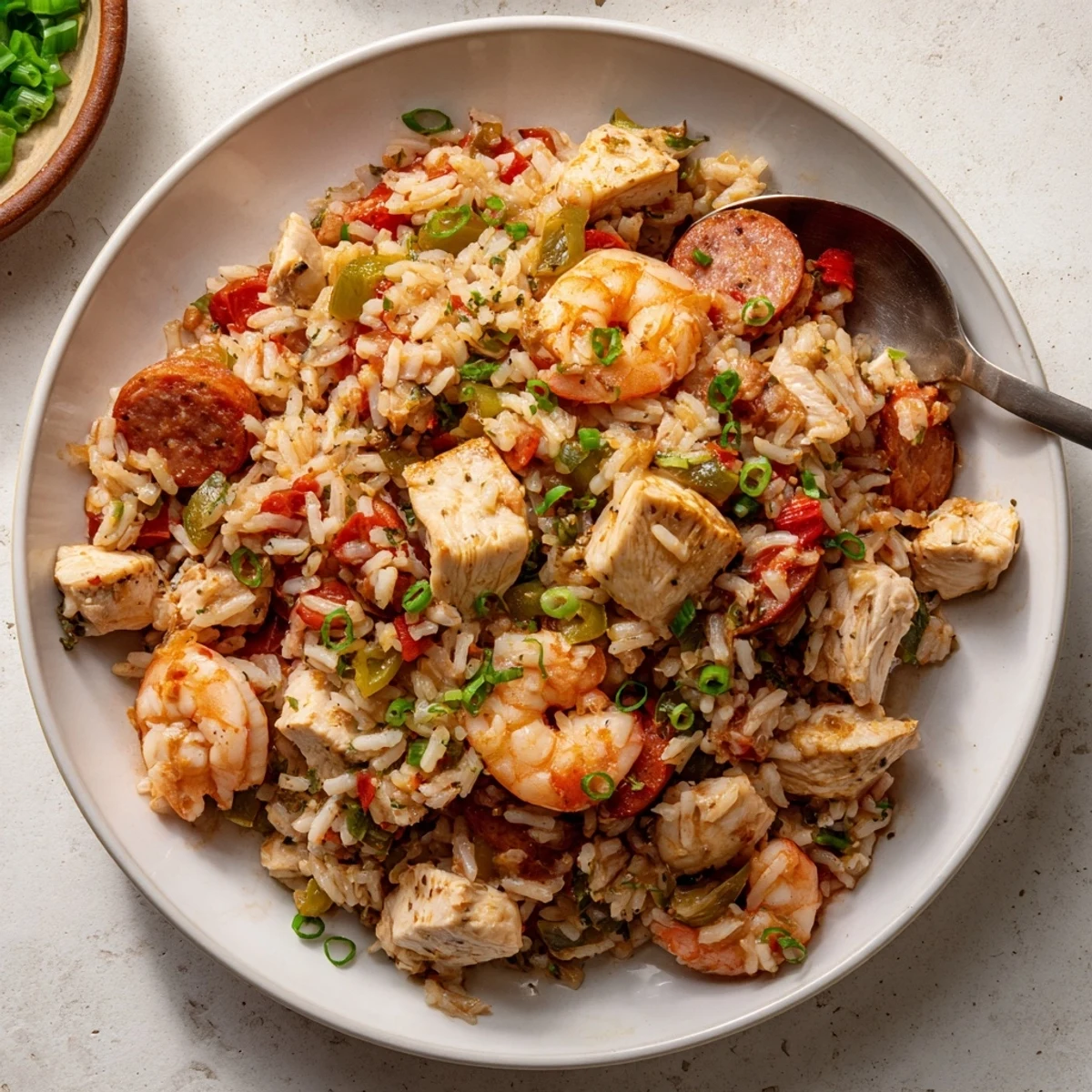 Golden Crock Pot Jambalaya served hot with generous chunks of chicken andouille and shrimp nestled in aromatic long grain rice with diced vegetables and spices