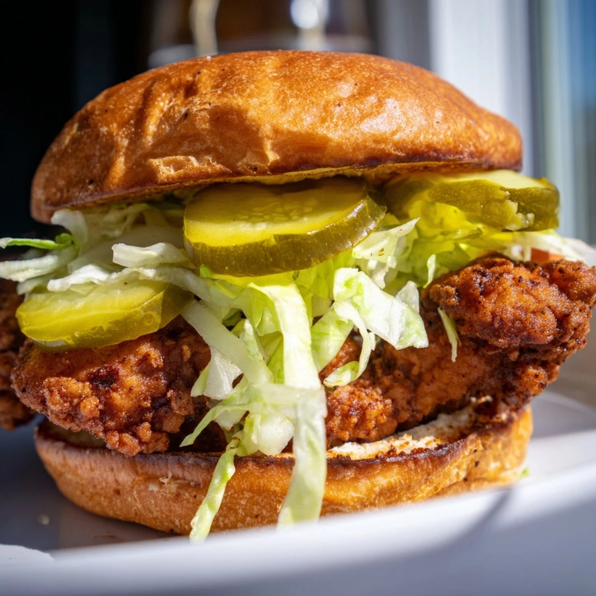 Golden brown pickle brined fried chicken sandwich stacked on toasted brioche bun with crisp lettuce