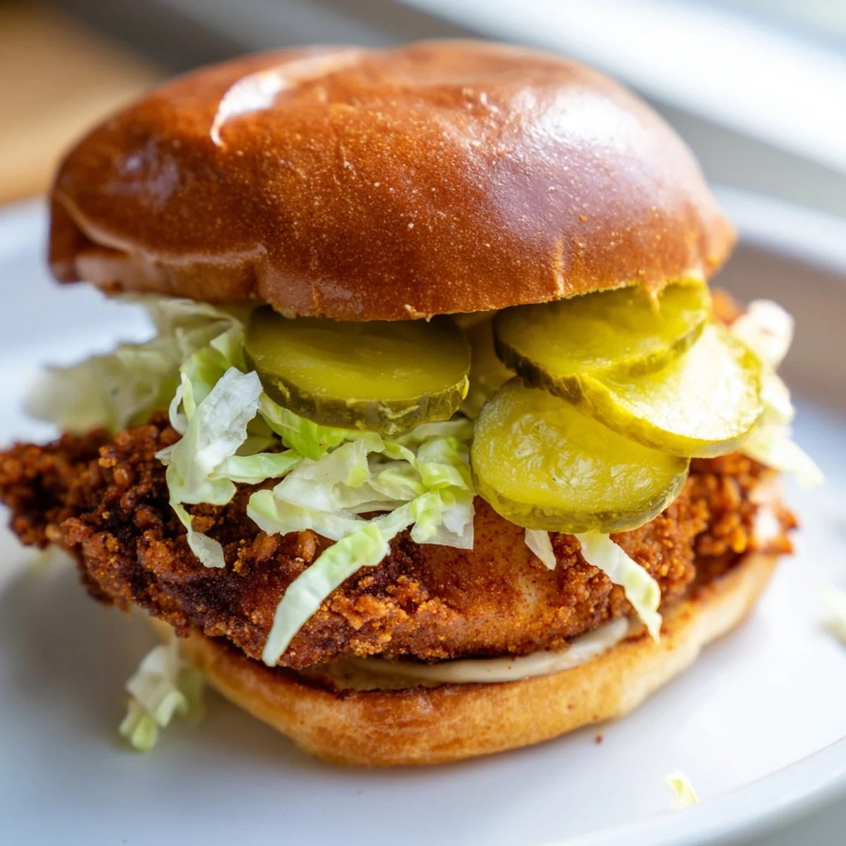 Crispy fried chicken sandwich marinated in pickle brine served on soft bun with fresh toppings