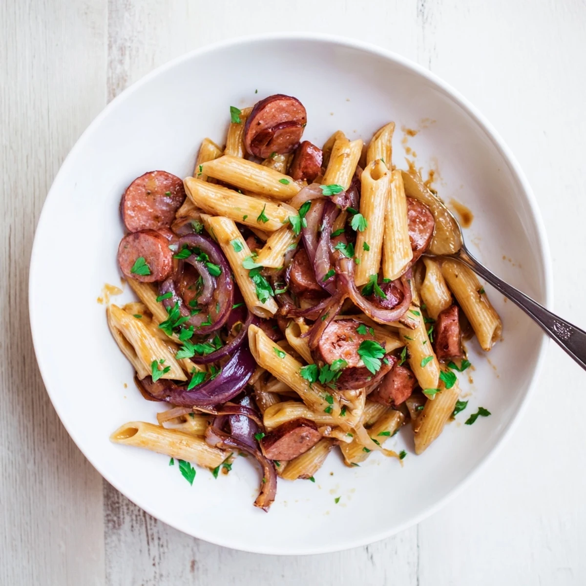 Golden honey garlic sausage pasta skillet featuring caramelized sausage coins coated in glossy sticky sauce with fresh parsley garnish