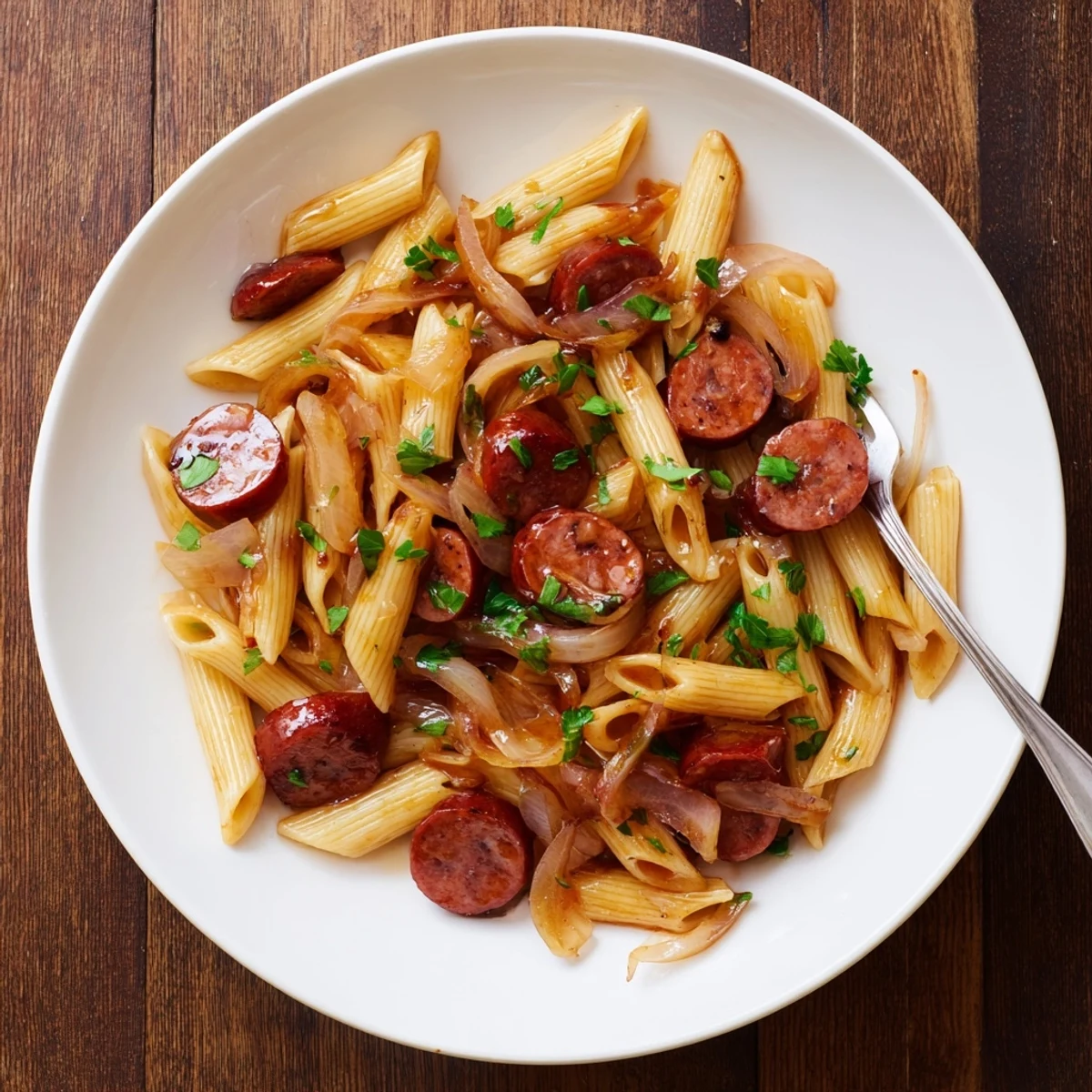 One-pan honey garlic sausage pasta dish with tender penne noodles tossed in savory sweet red glaze