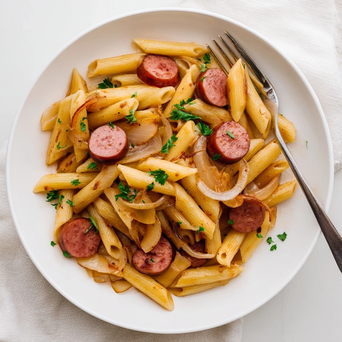 Family-friendly sticky honey garlic sausage pasta skillet showcasing juicy meat slices in thick rich sauce over al dente pasta