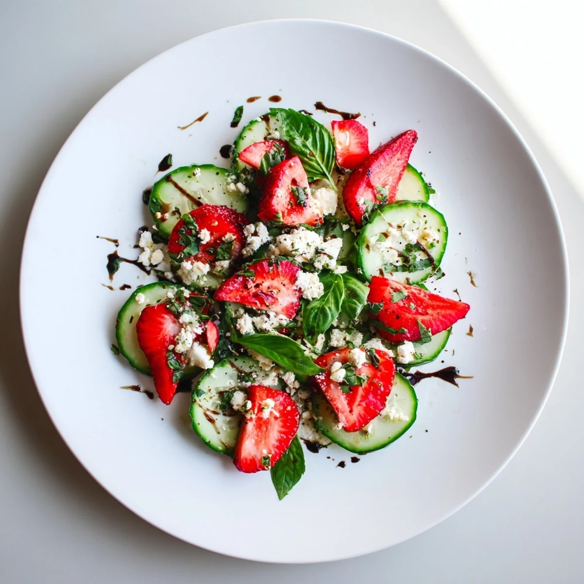 Fresh strawberry cucumber salad with juicy red berries, crisp green slices, and fragrant herbs in a serving bowl