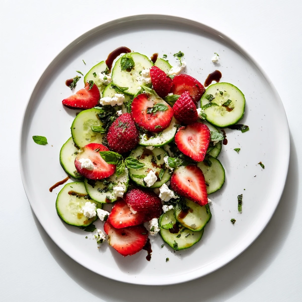 Vibrant strawberry cucumber salad featuring sliced fruit, crisp cucumber ribbons, and mint leaves drizzled with tangy balsamic dressing