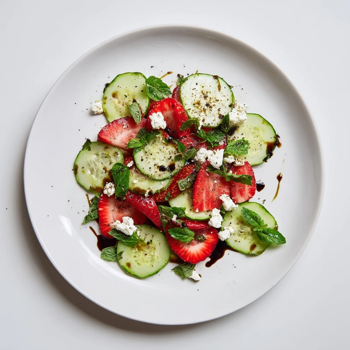 Colorful strawberry cucumber salad arranged on a white plate with fresh basil, crumbled feta, and honey lemon dressing
