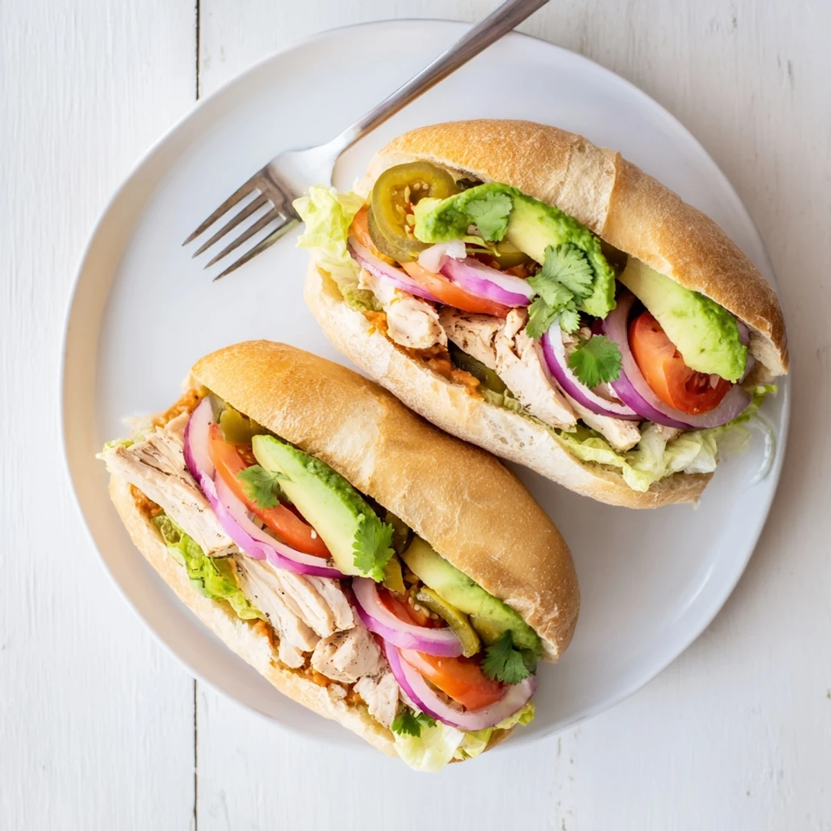 Hearty chicken torta sandwich stacked with marinated chicken, creamy avocado slices, and zesty toppings on a toasted bolillo roll