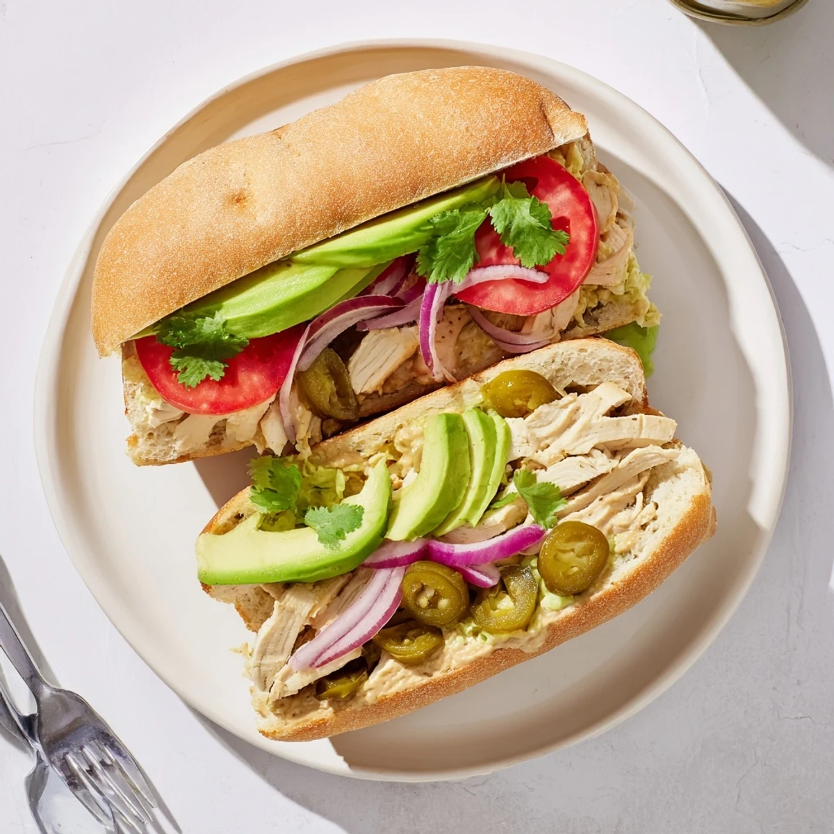 Sliced chicken torta sandwich layered with ripe avocado, red onion, refried beans, and cilantro on a crusty roll
