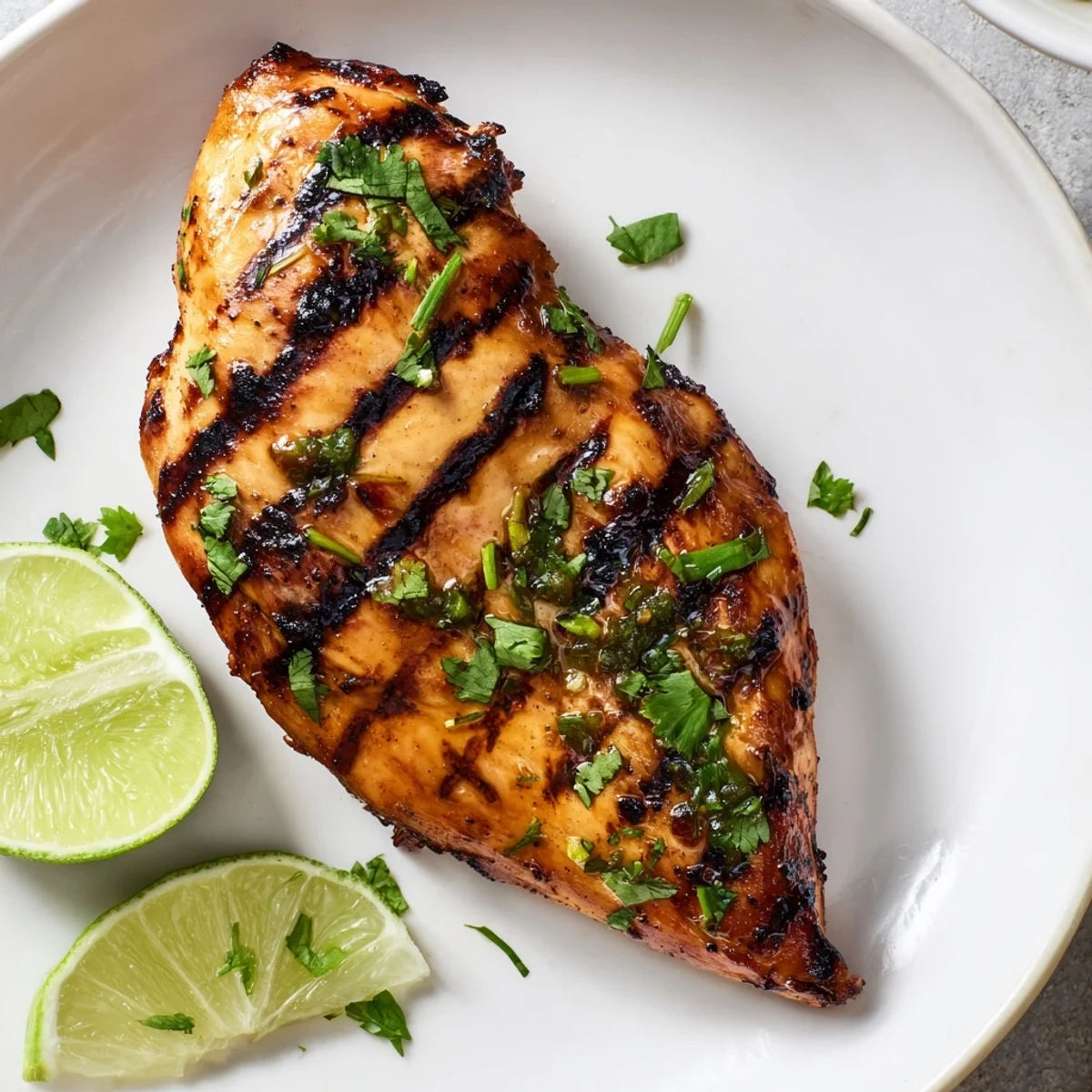 Golden brown Key West grilled chicken with fresh cilantro garnish and lime wedges