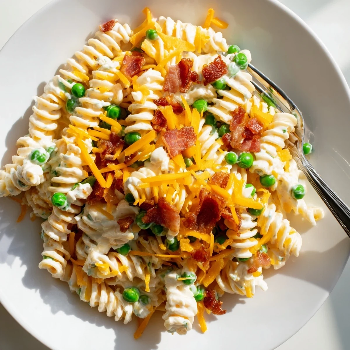 Creamy crack pasta salad loaded with crispy bacon, cheddar cheese, and ranch dressing