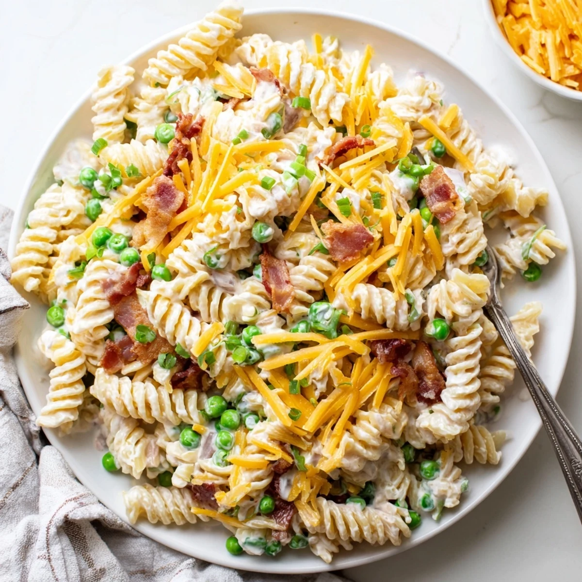 Cold pasta salad with tangy ranch, sharp cheddar, and crunchy baconLet me analyze this recipe and generate Creamy crack pasta salad loaded with crispy bacon, sharp cheddar, and green onions