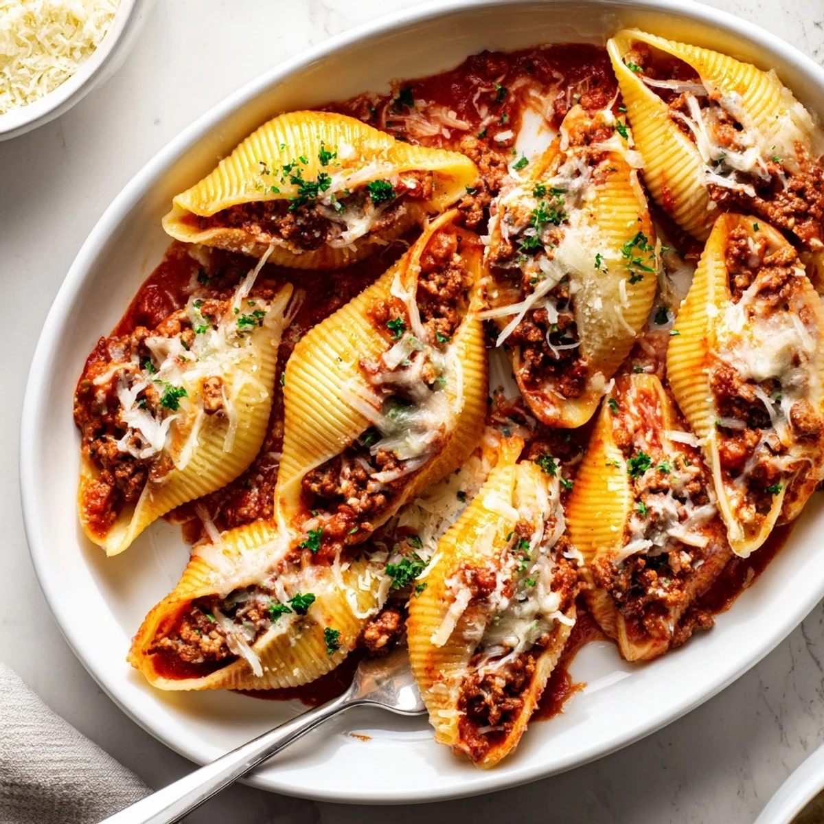 Golden melted cheese covers jumbo pasta shells stuffed with savory beef ricotta filling in this creamy beef stuffed shells recipe