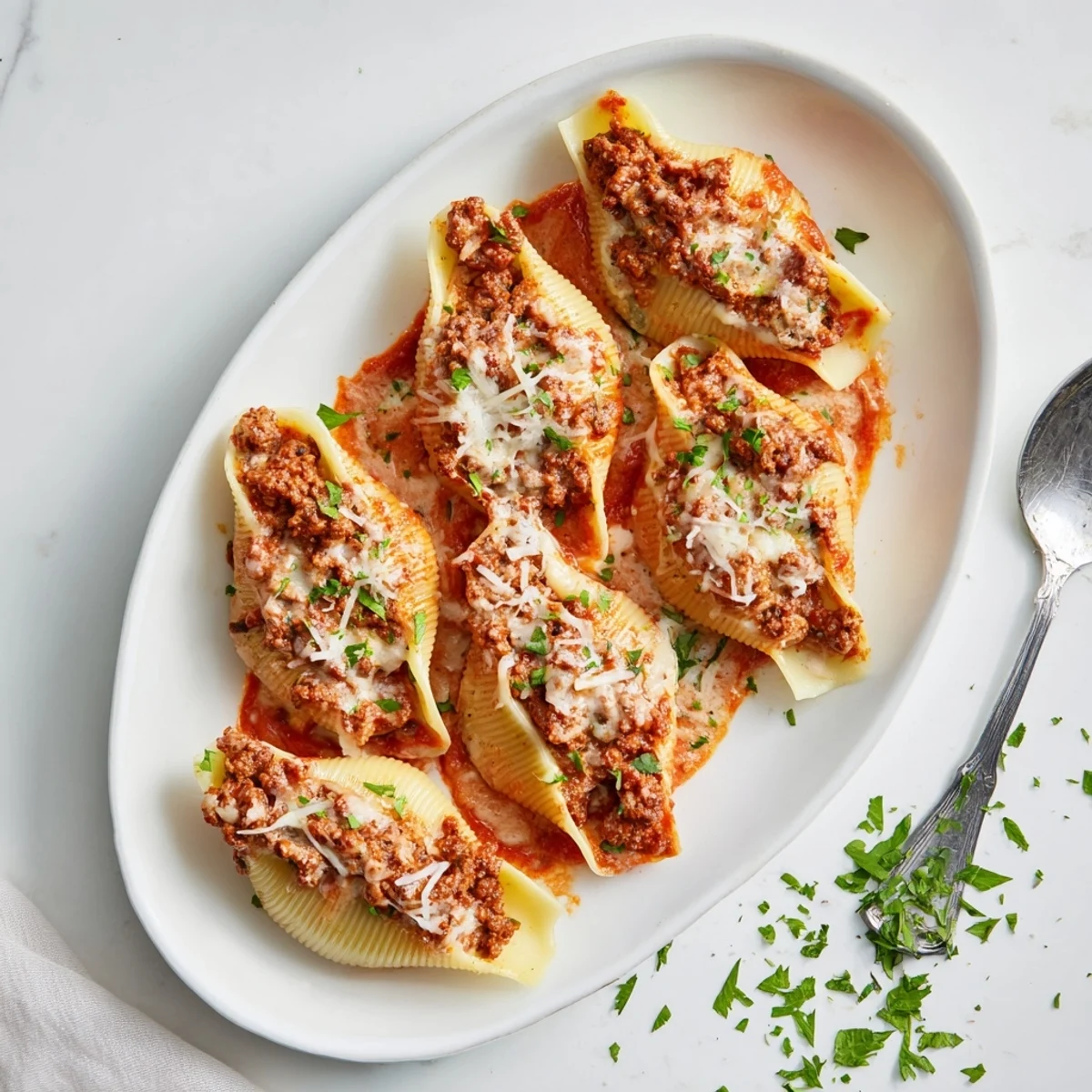 Oven-baked jumbo shells overflow with seasoned beef and creamy ricotta mixture under a layer of golden melted cheese in this beef stuffed shells recipe