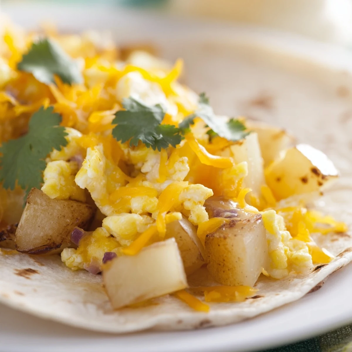 Golden potato egg cheese breakfast tacos filled with fluffy scrambled eggs and melted cheddar in warm tortillas