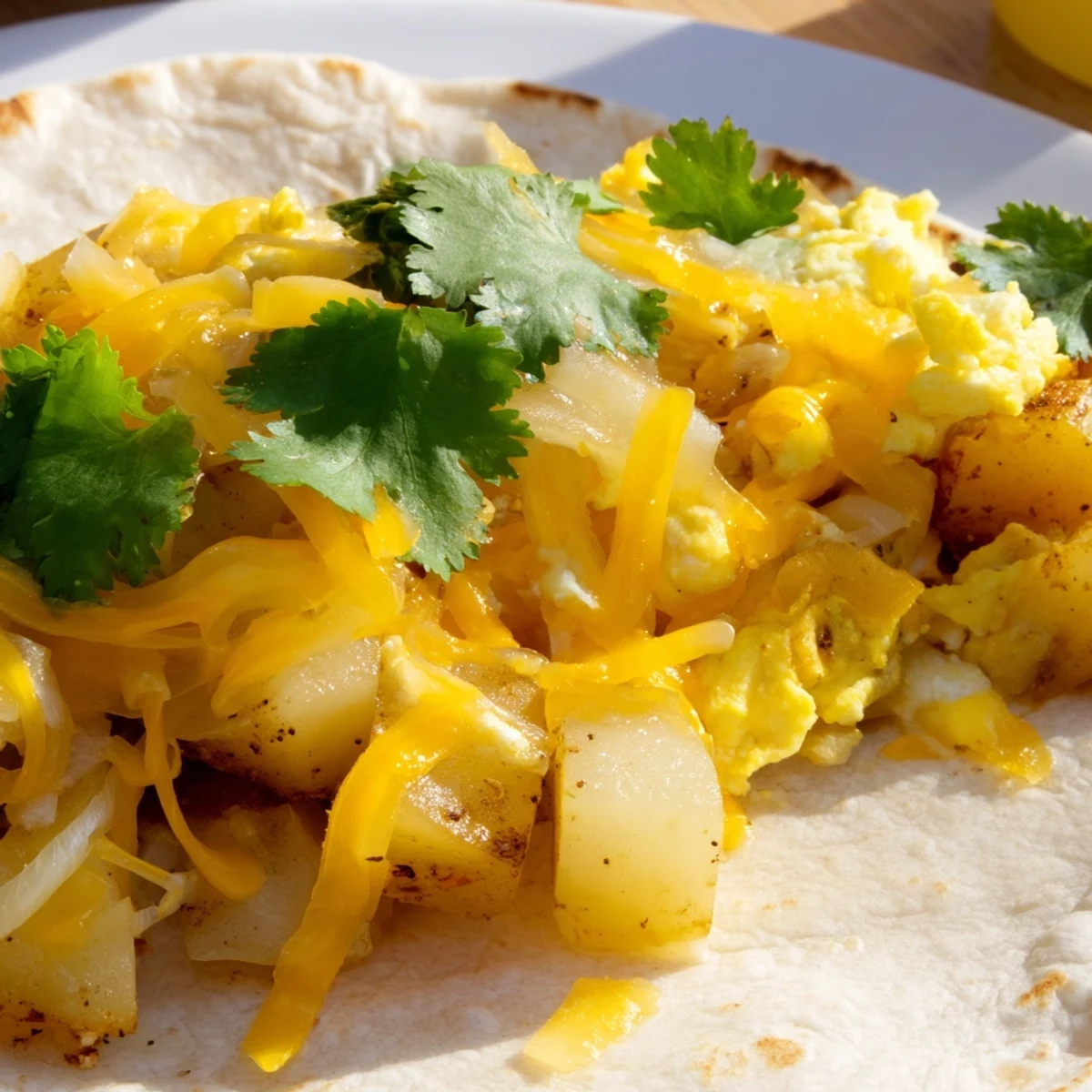 Hearty potato egg cheese breakfast tacos topped with fresh cilantro and served with vibrant red salsa